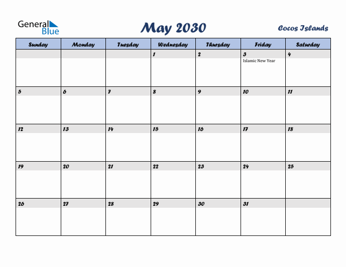 May 2030 Calendar with Holidays in Cocos Islands