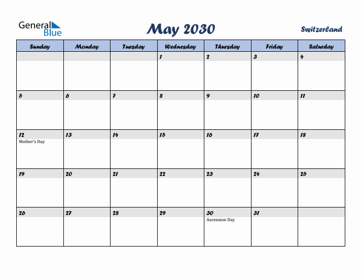 May 2030 Calendar with Holidays in Switzerland