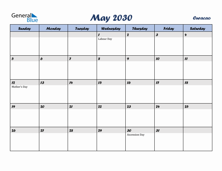 May 2030 Calendar with Holidays in Curacao