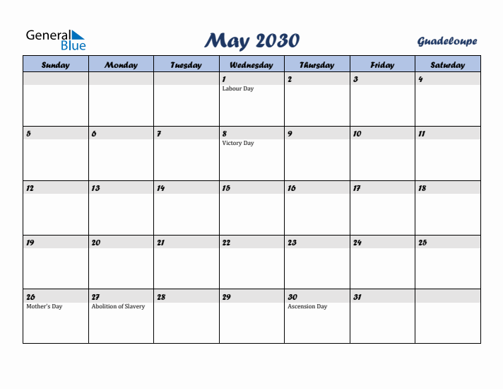 May 2030 Calendar with Holidays in Guadeloupe