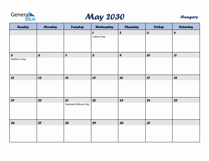 May 2030 Calendar with Holidays in Hungary