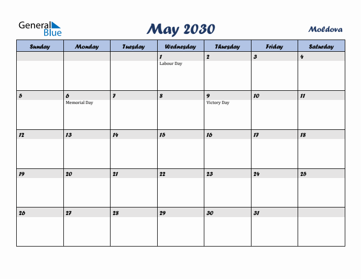 May 2030 Calendar with Holidays in Moldova