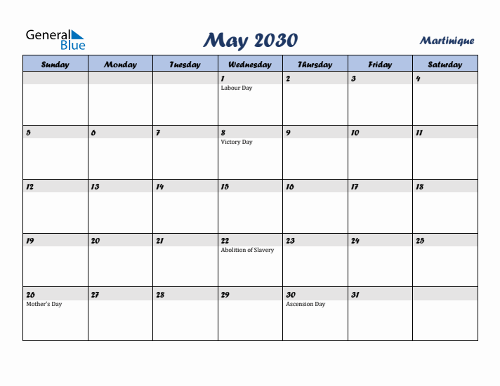 May 2030 Calendar with Holidays in Martinique