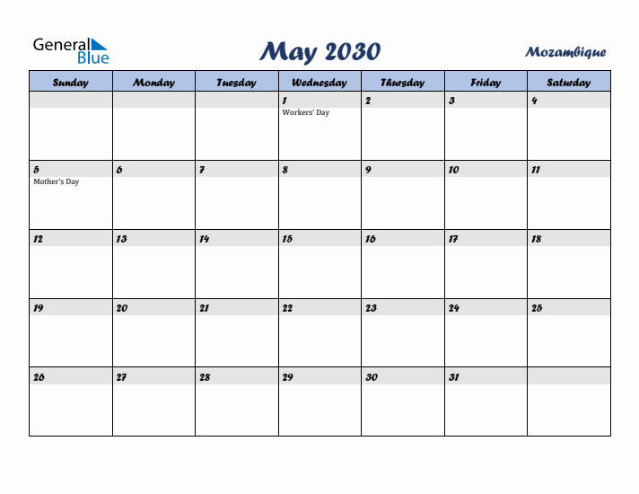 May 2030 Calendar with Holidays in Mozambique