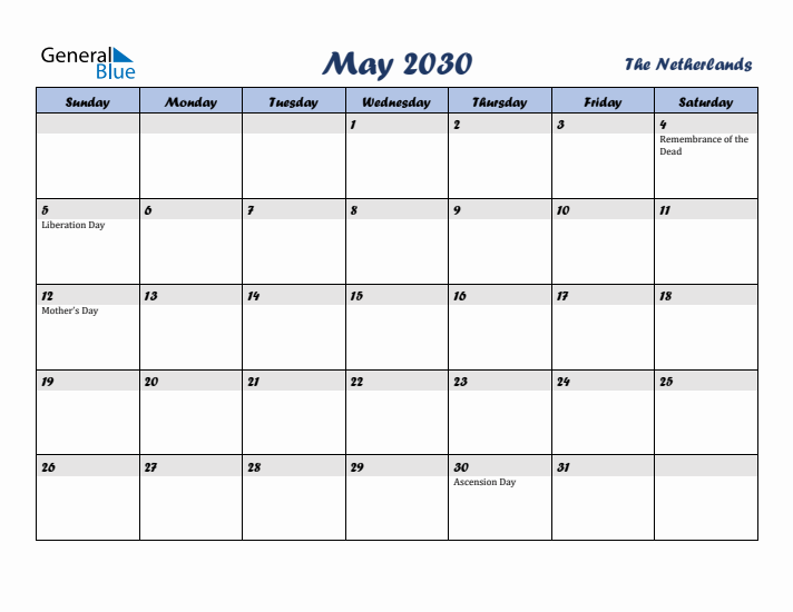 May 2030 Calendar with Holidays in The Netherlands