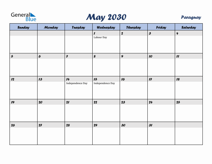 May 2030 Calendar with Holidays in Paraguay