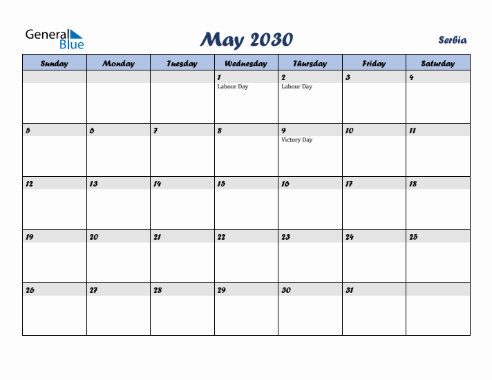 May 2030 Calendar with Holidays in Serbia