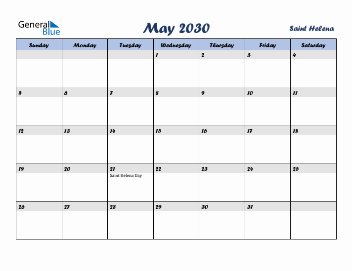 May 2030 Calendar with Holidays in Saint Helena