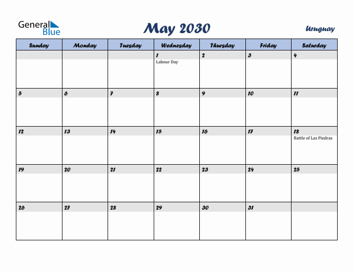 May 2030 Calendar with Holidays in Uruguay