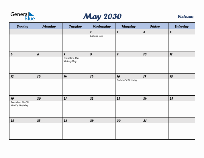 May 2030 Calendar with Holidays in Vietnam