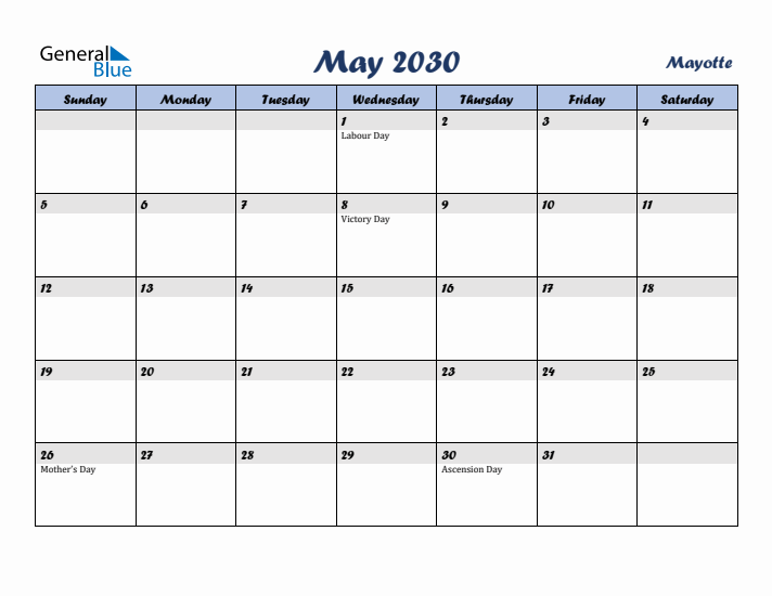 May 2030 Calendar with Holidays in Mayotte