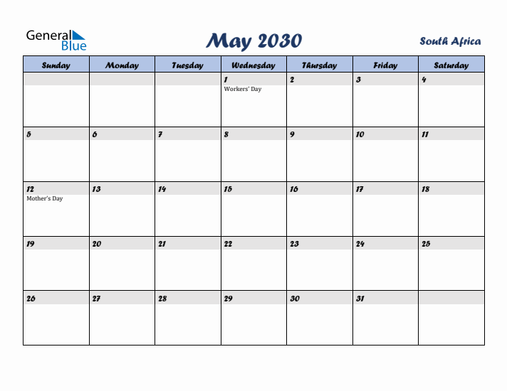 May 2030 Calendar with Holidays in South Africa