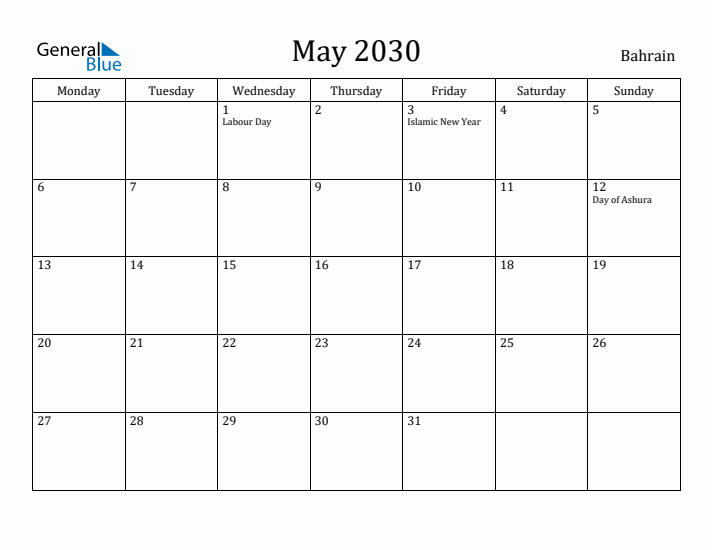 May 2030 Calendar Bahrain