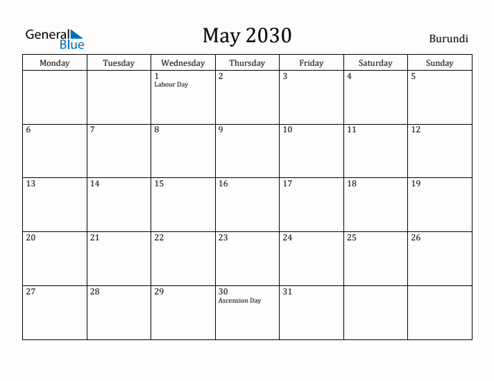 May 2030 Calendar Burundi