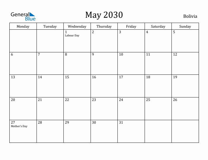 May 2030 Calendar Bolivia