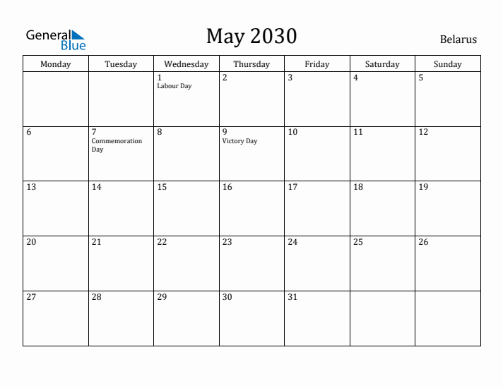 May 2030 Calendar Belarus