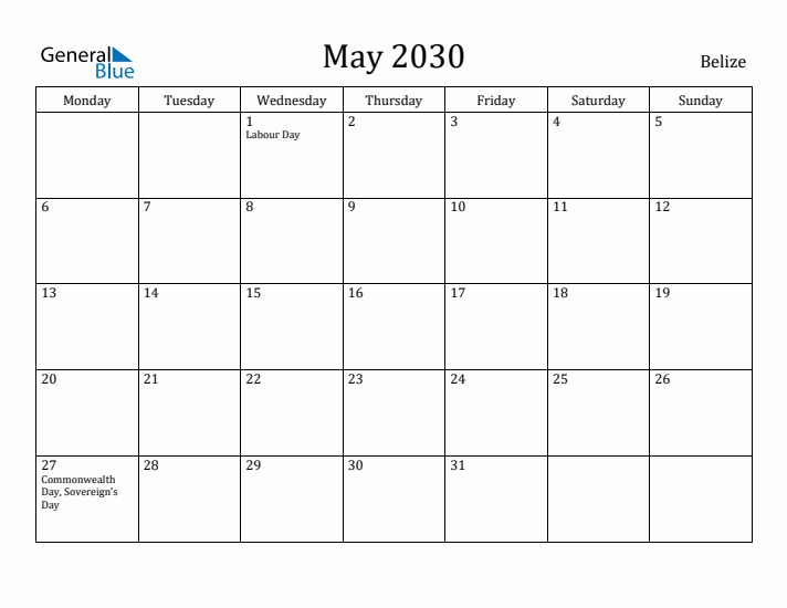 May 2030 Calendar Belize