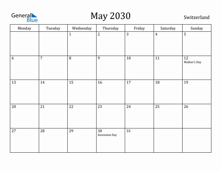 May 2030 Calendar Switzerland