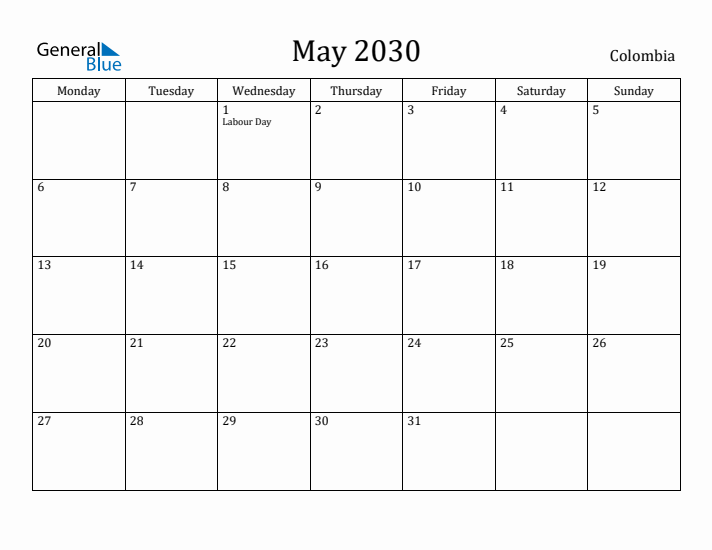 May 2030 Calendar Colombia