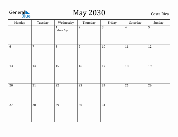 May 2030 Calendar Costa Rica