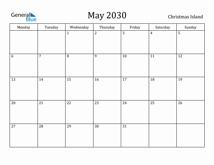 May 2030 Calendar Christmas Island