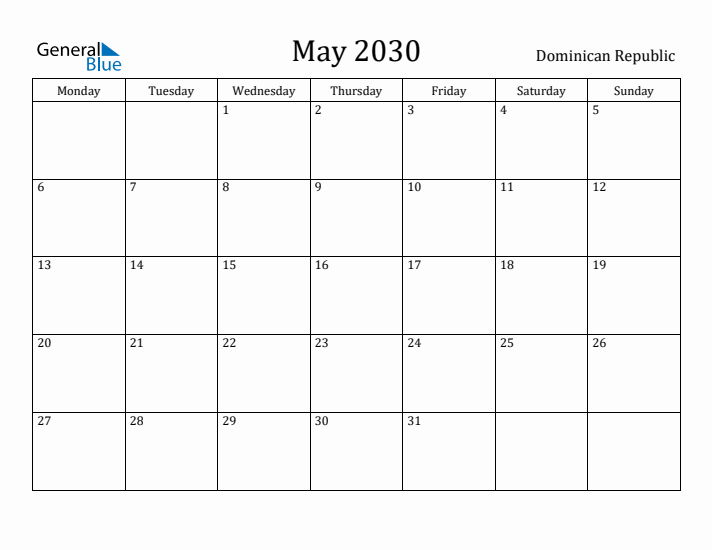 May 2030 Calendar Dominican Republic