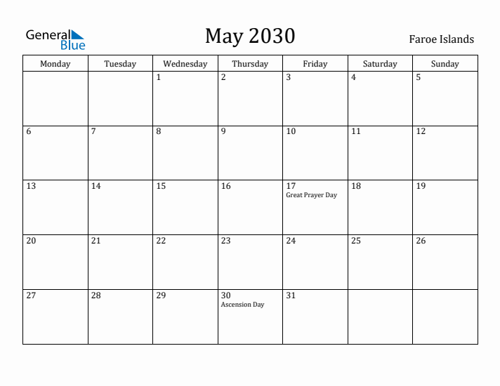 May 2030 Calendar Faroe Islands