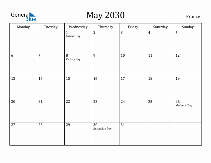 May 2030 Calendar France