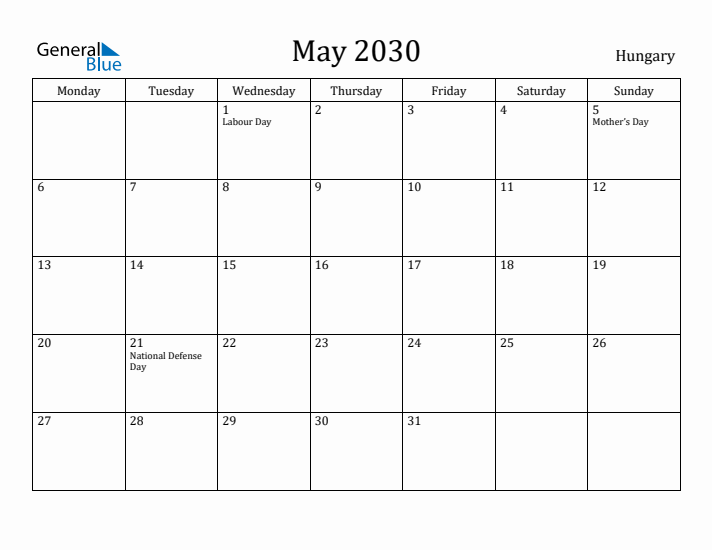 May 2030 Calendar Hungary