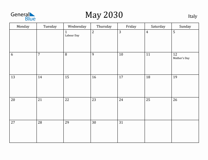 May 2030 Calendar Italy