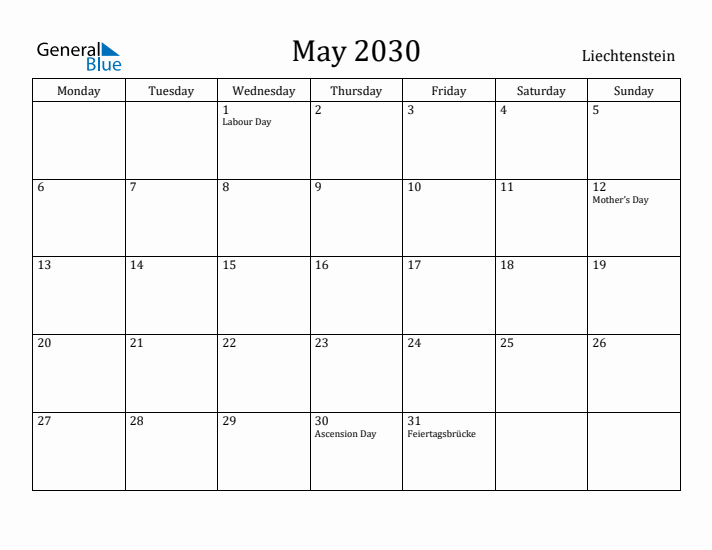 May 2030 Calendar Liechtenstein