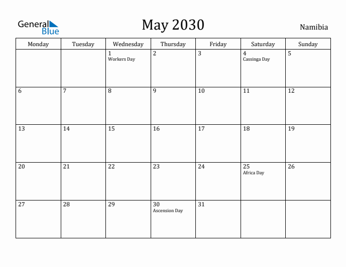 May 2030 Calendar Namibia