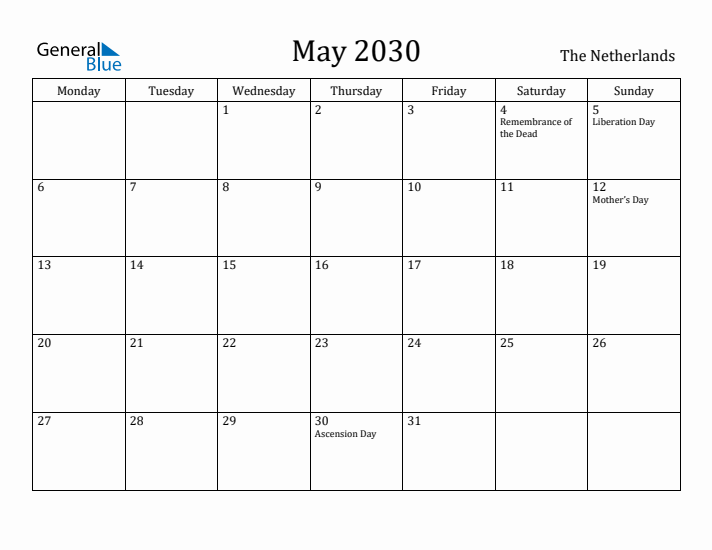 May 2030 Calendar The Netherlands