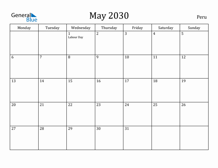 May 2030 Calendar Peru