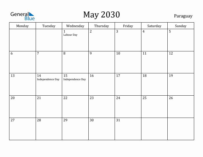 May 2030 Calendar Paraguay