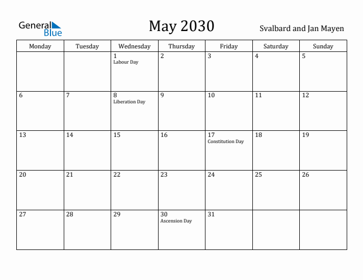 May 2030 Calendar Svalbard and Jan Mayen