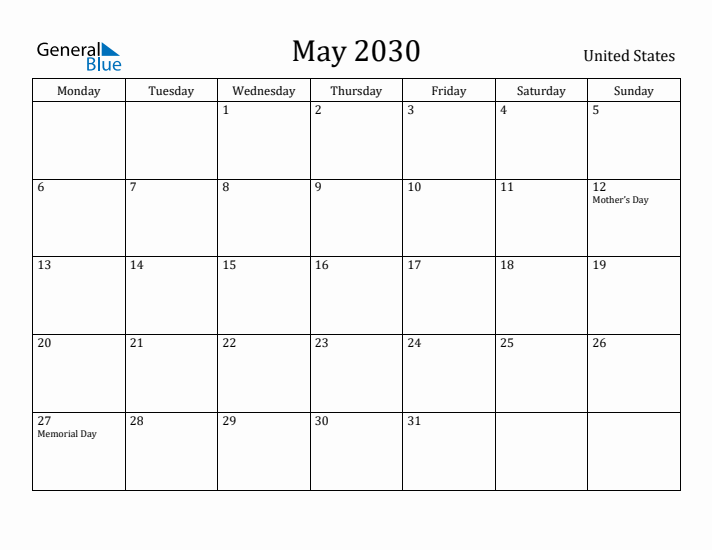 May 2030 Calendar United States