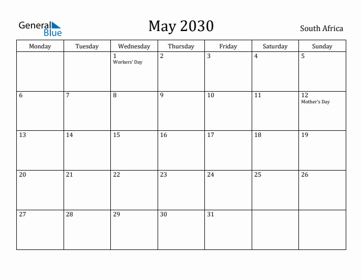 May 2030 Calendar South Africa