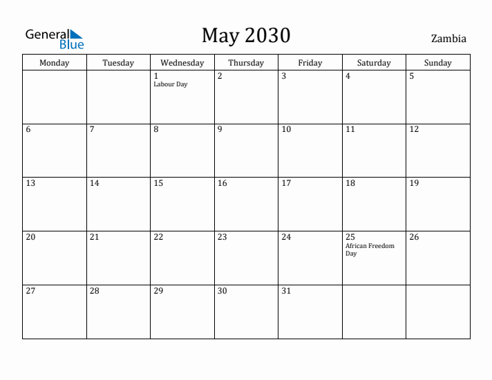 May 2030 Calendar Zambia