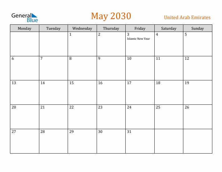 May 2030 Holiday Calendar with Monday Start