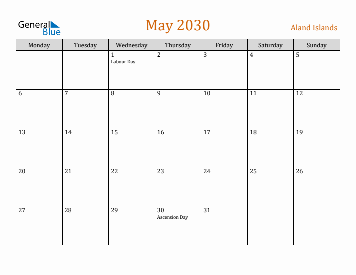 May 2030 Holiday Calendar with Monday Start