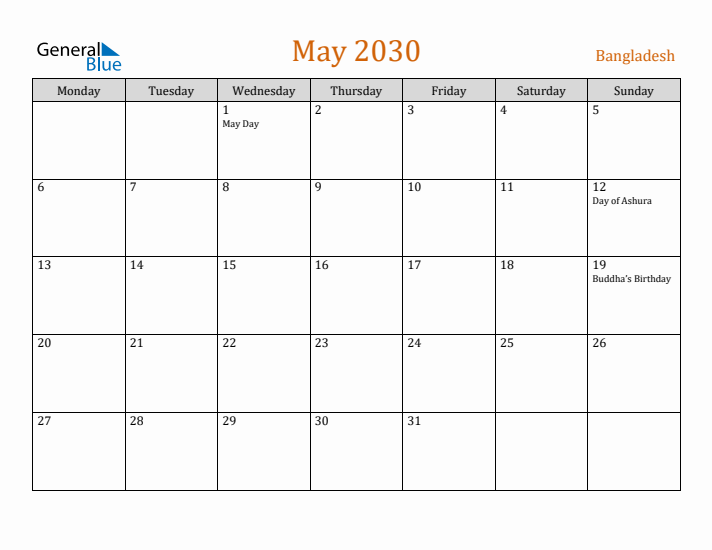 May 2030 Holiday Calendar with Monday Start