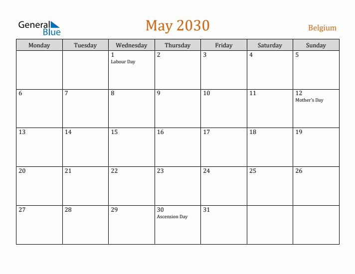 May 2030 Holiday Calendar with Monday Start