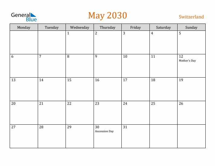 May 2030 Holiday Calendar with Monday Start