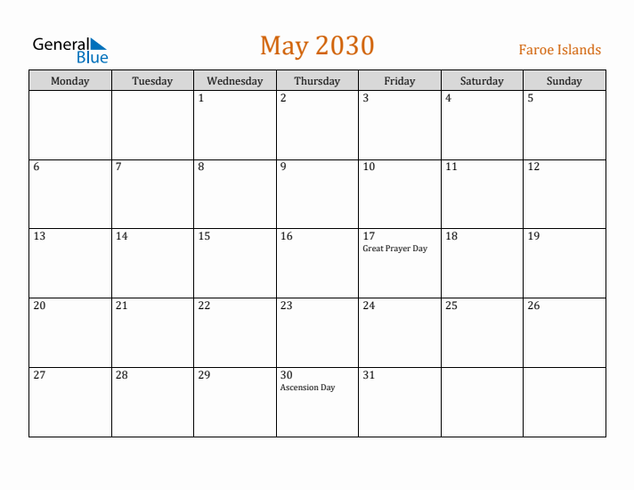 May 2030 Holiday Calendar with Monday Start