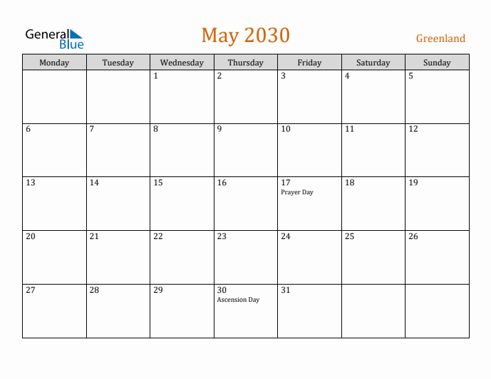 May 2030 Holiday Calendar with Monday Start