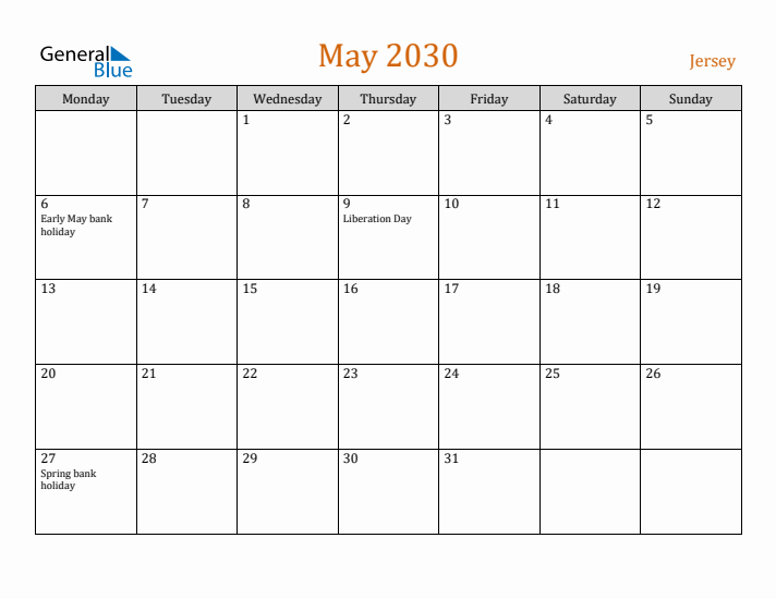 May 2030 Holiday Calendar with Monday Start