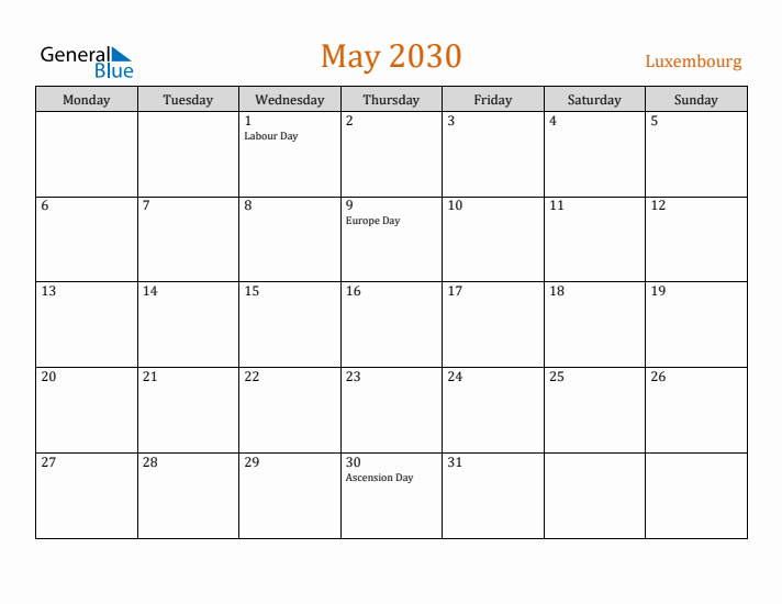 May 2030 Holiday Calendar with Monday Start