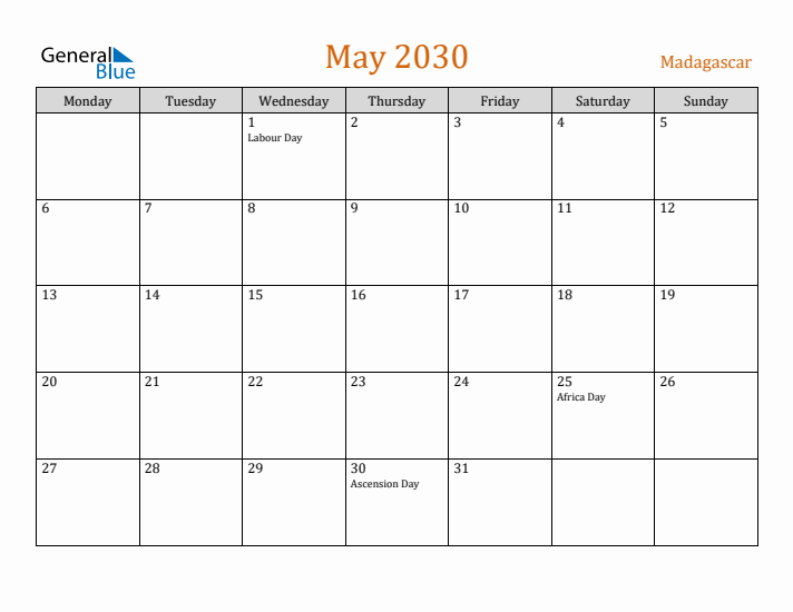 May 2030 Holiday Calendar with Monday Start