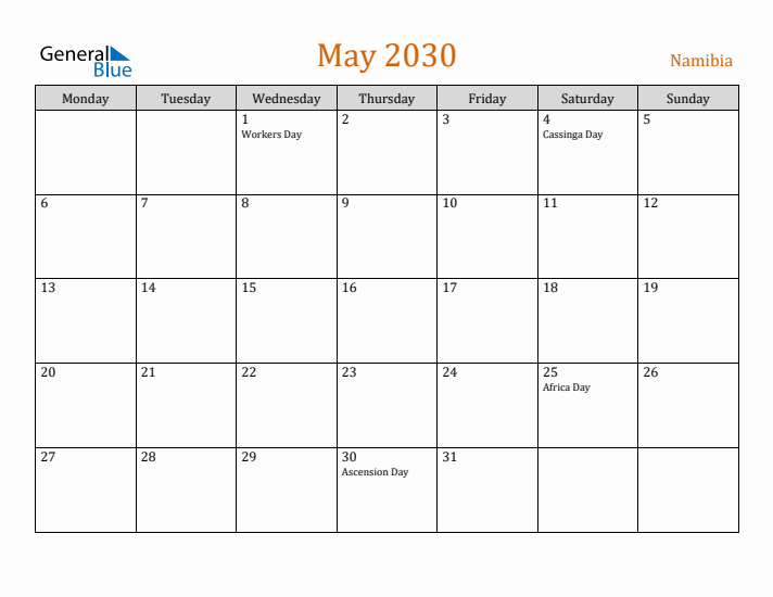 May 2030 Holiday Calendar with Monday Start